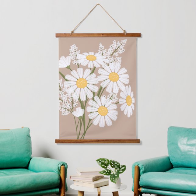 White Daisy Flowers Bouquet on Beige Hanging Tapestry (Living Room)