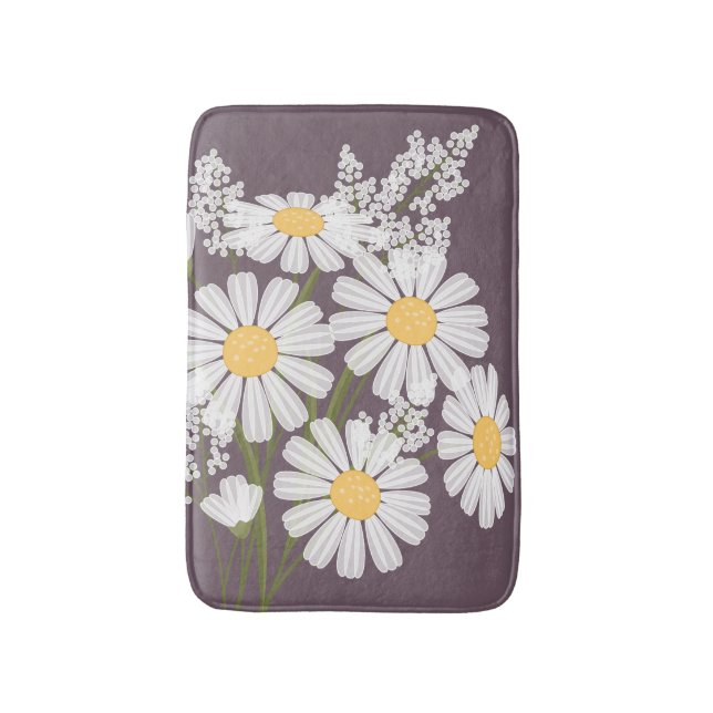 White Daisy Flowers Bouquet on Plum Purple Bath Mat (Front Vertical)