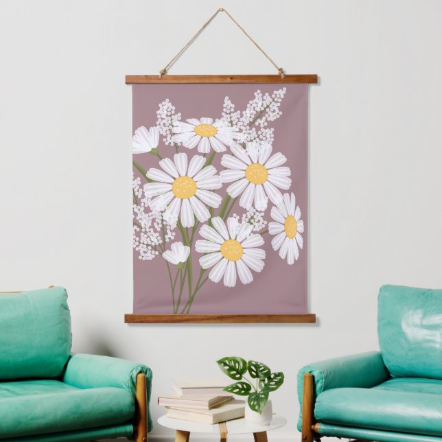White Daisy Flowers Bouquet on Rosy Brown Hanging Tapestry (Living Room)