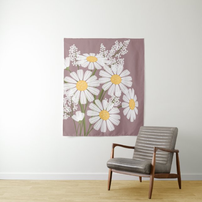 White Daisy Flowers Bouquet on Rosy Brown Tapestry (In Situ)