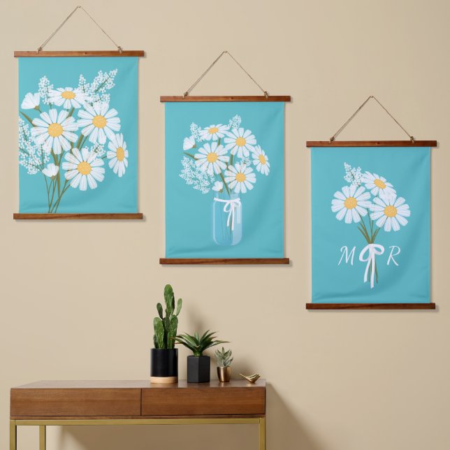 White Daisy Flowers Bouquet Teal Set of 3 Hanging Tapestry (Asymmetrical)