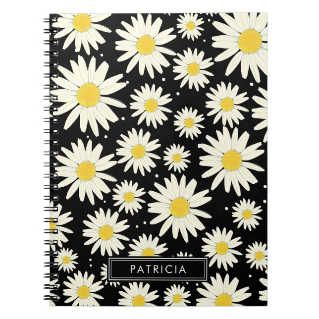 White Daisy Flowers Design Black Personalised Notebook (Front)
