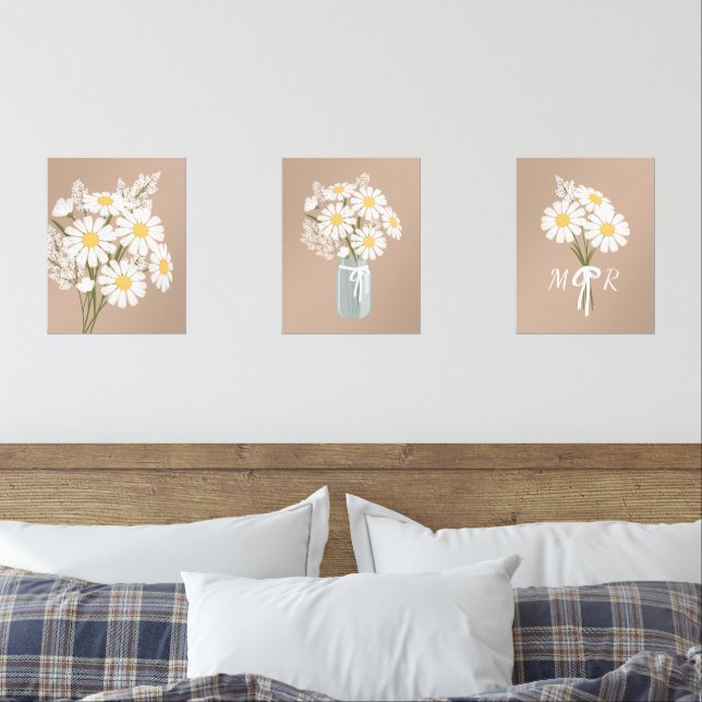 White Daisy Flowers Monogram Beige Set of 3 (Bedroom)