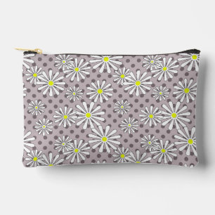 White daisy flowers on a beige brown polka dot accessory pouch