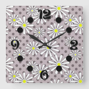 White daisy flowers on a beige brown polka dot square wall clock