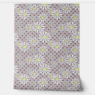 White daisy flowers on a beige brown polka dot wallpaper