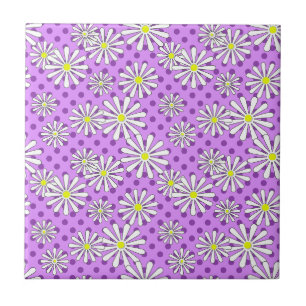 White daisy flowers on a polka dot background ceramic tile