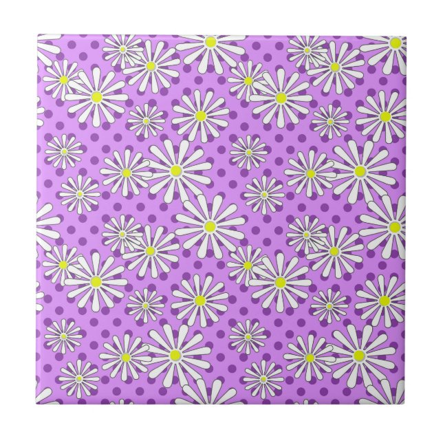White daisy flowers on a polka dot background  ceramic tile (Front)