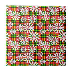 White daisy flowers on a red green checkered backg ceramic tile