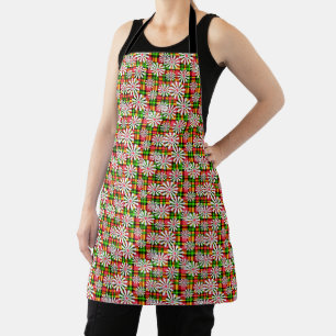 White daisy flowers on a red green chequered backg apron