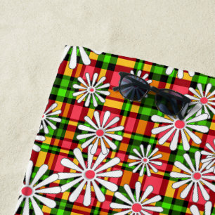 White daisy flowers on a red green chequered backg beach towel