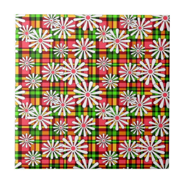 White daisy flowers on a red green chequered backg ceramic tile (Front)