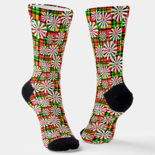White daisy flowers on a red green chequered backg socks