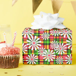 White daisy flowers on a red green chequered backg wrapping paper