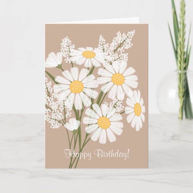 White Daisy Flowers on Beige Happy Birthday Card (Front)