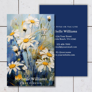 White Daisy Flowers on Blue Botanical Floral Business Card