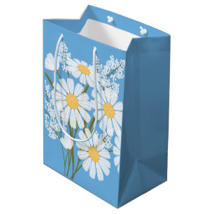 White Daisy Flowers on Blue Medium Gift Bag