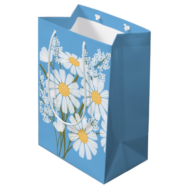 White Daisy Flowers on Blue Medium Gift Bag (Back Angled)