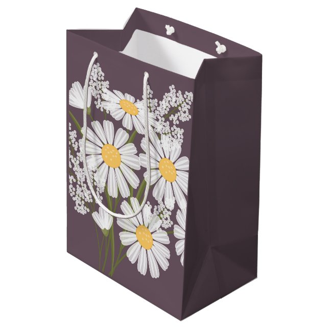 White Daisy Flowers on Dark Purple Medium Gift Bag (Back Angled)
