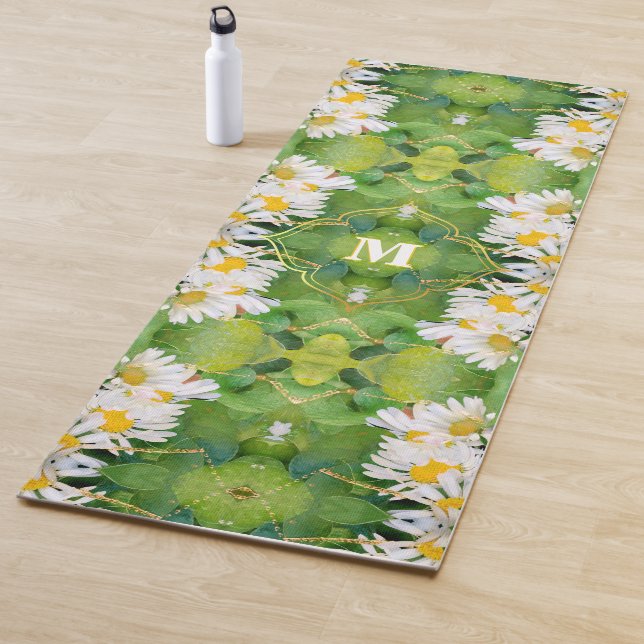 White Daisy Flowers on Green Leaves Mirrored Print Yoga Mat (In Situ)