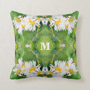 White Daisy Flowers on Green Leaves Throw Pillow