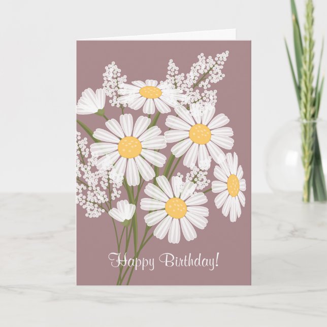 White Daisy Flowers on Pink Happy Birthday Card (Front)