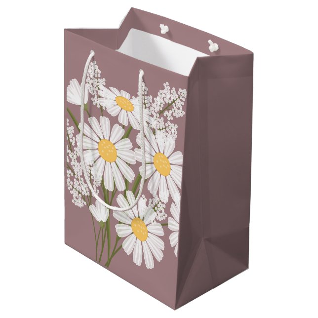 White Daisy Flowers on Rosy Brown Medium Gift Bag (Back Angled)