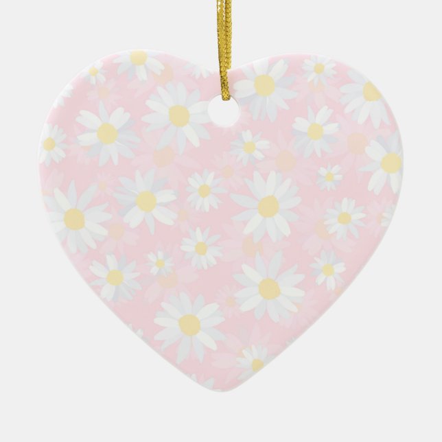 White Daisy Flowers Pink Floral Ceramic Ornament (Front)