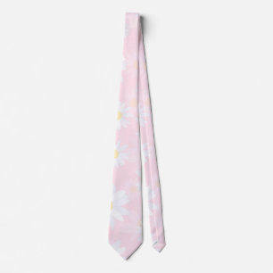 White Daisy Flowers Pink Floral Tie
