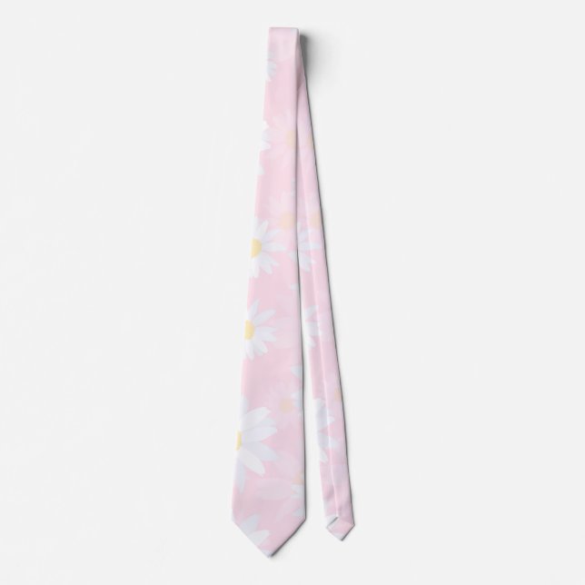 White Daisy Flowers Pink Floral Tie (Front)
