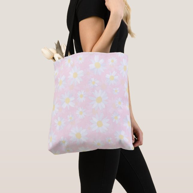 White Daisy Flowers Pink Floral Tote Bag (Close Up)