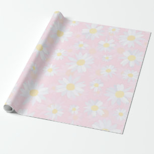  White Daisy Flowers Pink Floral Wrapping Paper