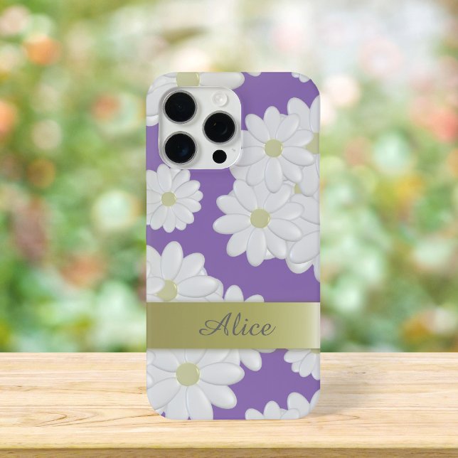 White Daisy Flowers Purple Floral Personalised Case-Mate iPhone Case (A cute purple and white daisy phone case with space for your name)