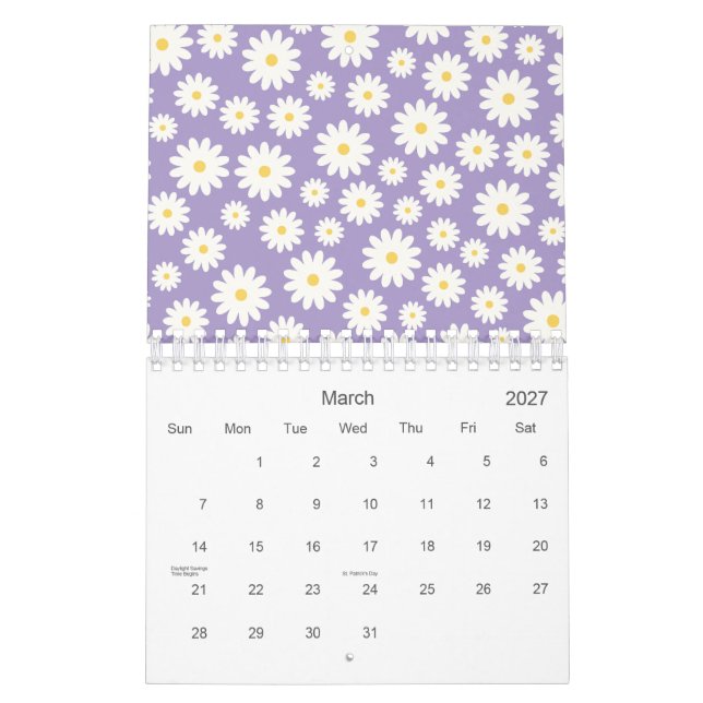 White Daisy Flowers Purple Pattern 2026 Calendar (Mar 2027)