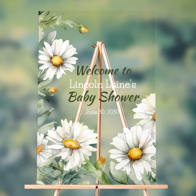 White Daisy Frame Baby Boy Shower Acrylic Sign (Neutral)