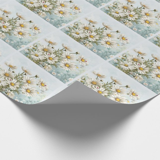 White Daisy Garden with Ladybugs Botanical Wrapping Paper (Corner)