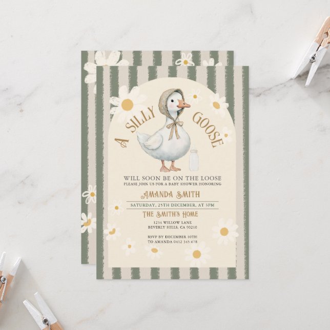 White Daisy Green Stripes Cute Goose Baby Shower  Invitation (Front/Back In Situ)
