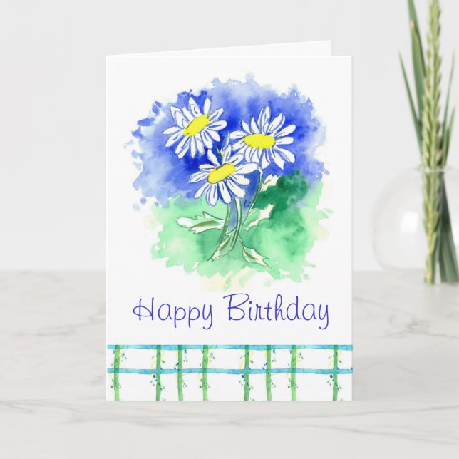 White Daisy Happy Birthday Watercolor Flower Art Card (Front)