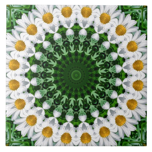 White Daisy Mandala with Fresh Green Symmetry Ceramic Tile (Front)