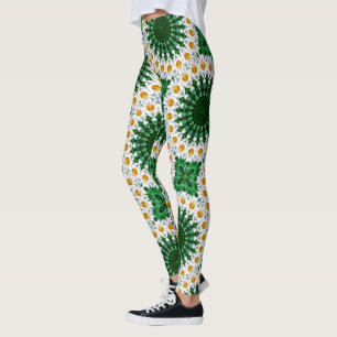 White Daisy Mandala with Fresh Green Symmetry Leggings