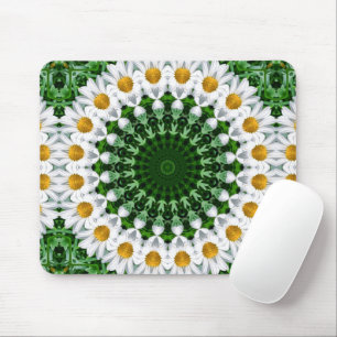 White Daisy Mandala with Fresh Green Symmetry Mouse Pad