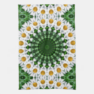 White Daisy Mandala with Fresh Green Symmetry Tea Towel