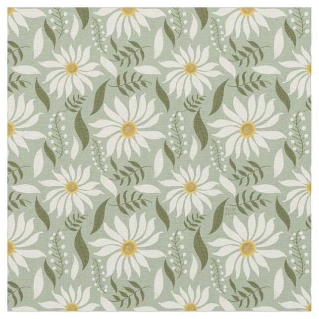 White Daisy Mint Floral Pattern  Fabric (Close Up)