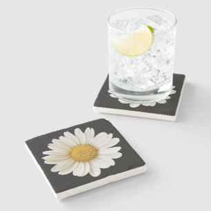 White Daisy on Black Background Floral Stone Coaster