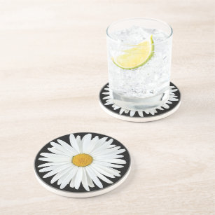 White Daisy on Black Floral Coaster