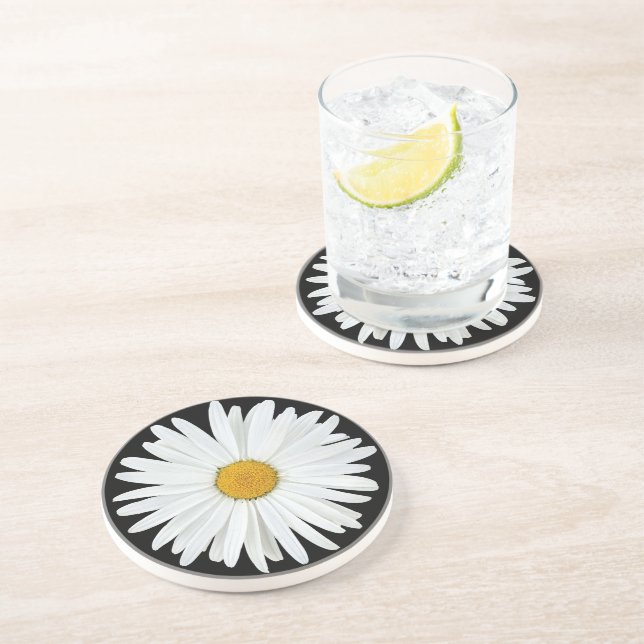 White Daisy on Black Floral Coaster (Side)