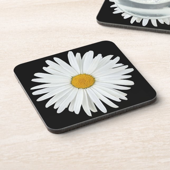 White Daisy on Black Floral Coaster (Left Side)