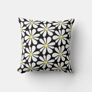 White Daisy on Black Floral Cushion