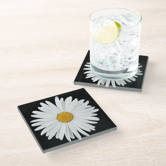 White Daisy on Black Floral Glass Coaster (Angled)