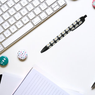 White Daisy on Black Floral Pattern Black Ink Pen